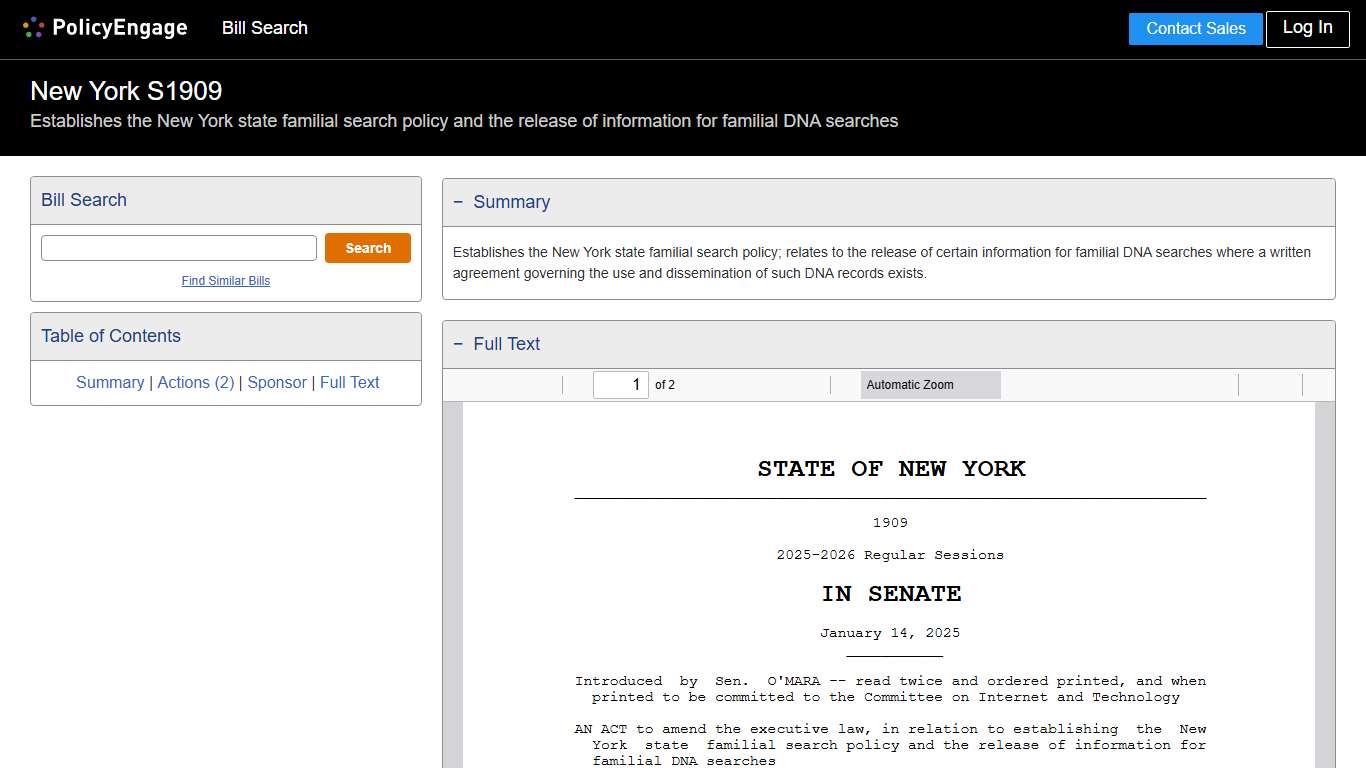 S1909 New York 2025-2026 Establishes the New York state familial search policy and the release of information for familial DNA searches - Legislative Tracking PolicyEngage